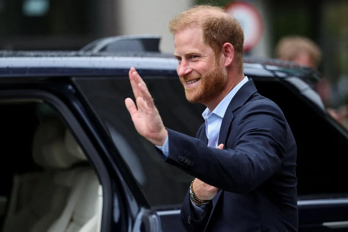 Britain's Prince Harry waves as he departs the Centre for Blast Injury Studies, at the Imperial College in London, Britain, Sep 10, 2025. 