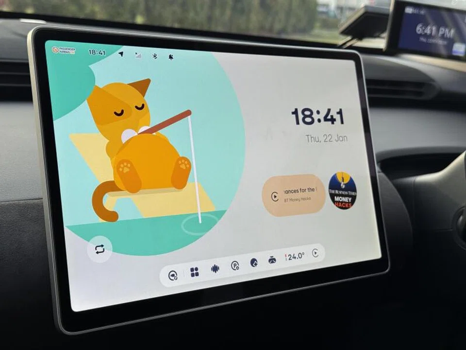 A cat named Milo lives on the screen,  imbuing the car with plenty of character.