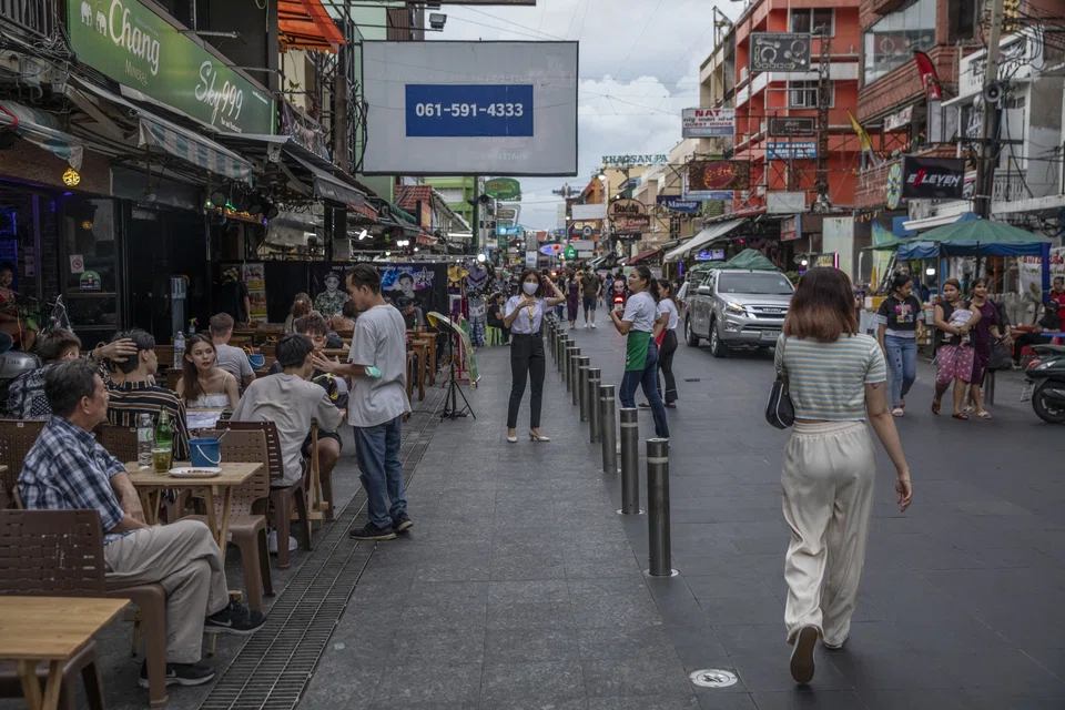 Tourists outside a restaurant on Khaosan Road in Bangkok..