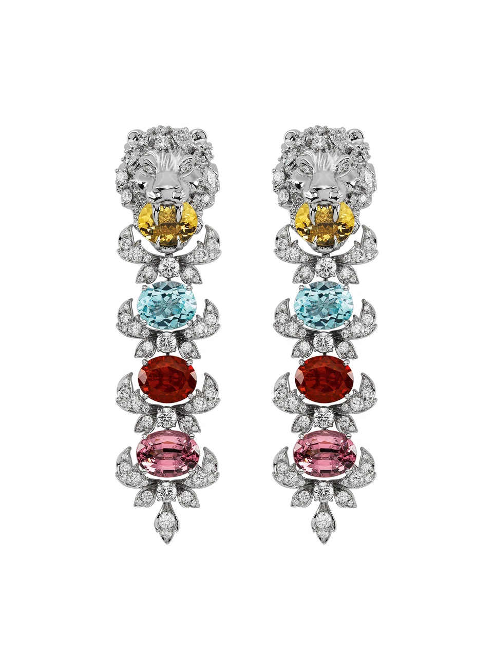 Gucci lion head earrings in white gold with beryl, topaz, opal, spinel and diamonds




