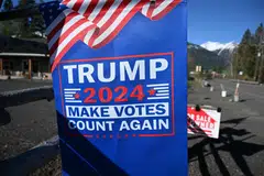 A sign in support of former US president Donald Trump in front of a home in Wallowa, Oregon, on May 12, 2023. 