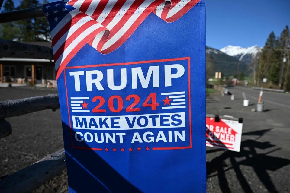 A sign in support of former US president Donald Trump in front of a home in Wallowa, Oregon, on May 12, 2023. 