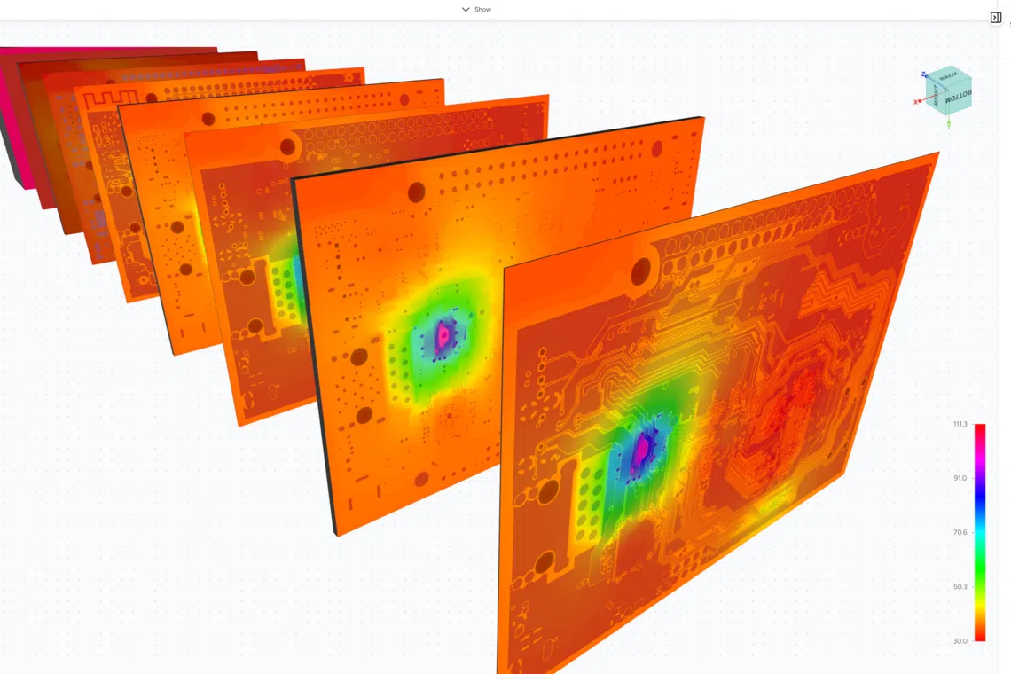 Vinci's thermal simulation of an open-source semiconductor chip. The company says its software combines proven physics methods with an AI model to deliver simulations up to 1,000 times faster than conventional tools. 