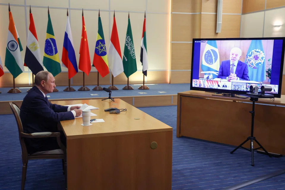 Russia's President Vladimir Putin attends an extraordinary virtual summit of the Brics group of nations at the initiative of Brazil’s President Luiz Inacio Lula da Silva.  
