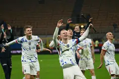 Norway's captain Erling Haaland celebrates with teammates after winning their match between Italy and Norway, Milan, Italy, Nov 16, 2025. 