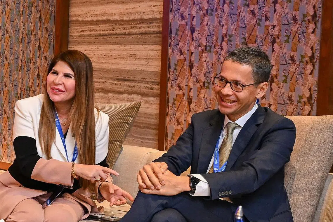 Standard Chartered's CEO of Singapore and Asean Patrick Lee (right) together with the bank's CEO for UAE, Middle East and Pakistan Rola Abu Manneh at the Investopia Global Singapore Conference on Oct 23, 2024.
