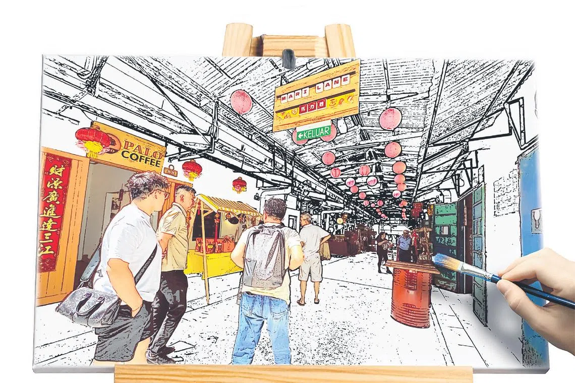 An illustration of Ipoh Stables Market. The once-disused horse stables at the Perak Turf Club in Malaysia have been repurposed into a nostalgic modern marketplace.