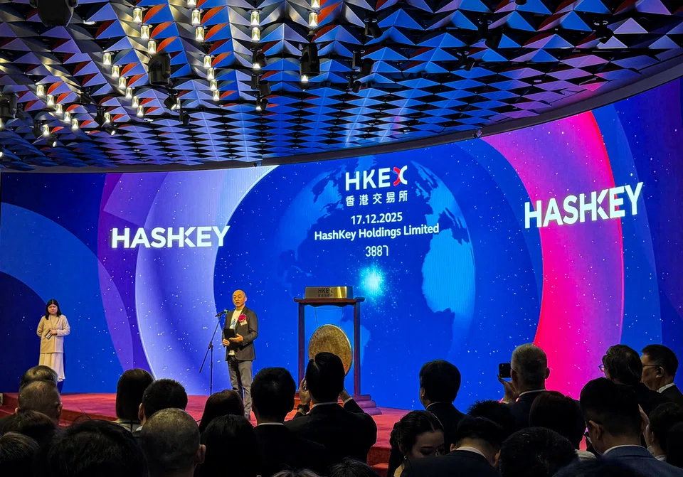 HashKey's chairman and CEO Xiao Feng speaks at the company's listing ceremony at the Hong Kong Stock Exchange, in Hong Kong on Dec 17.