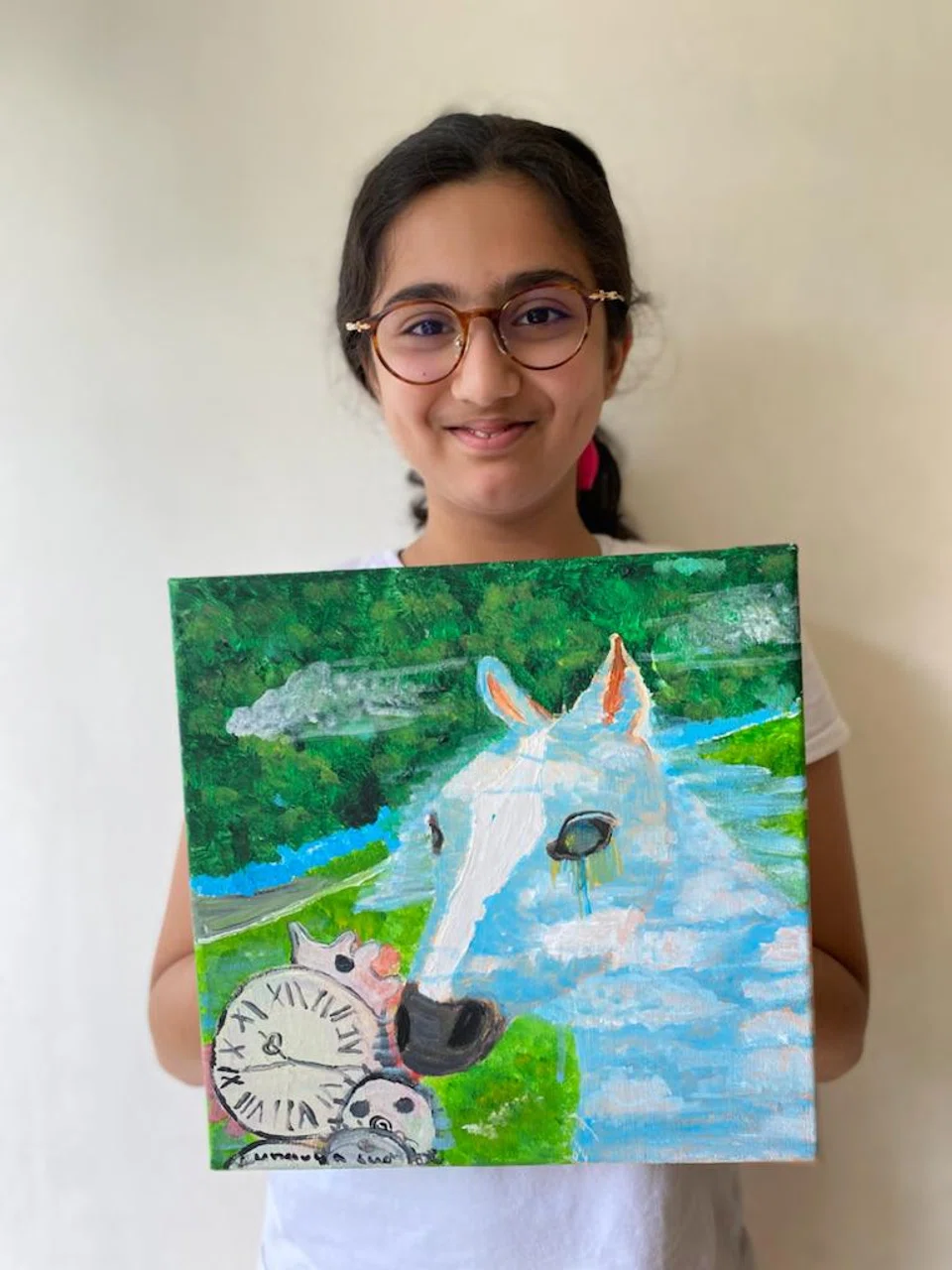 “This painting shows that everyone has a different perspective on life, even animals and horses. The clock represents that you have a short time to do what you want, so you should do whatever you feel is right for you and not regret it,” says "The Horse Clock" creator Sunavya Sud