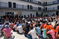 Victims of scam centres who were tricked or trafficked into working in Myanmar, stuck in limbo at a compound inside the KK Park, a fraud factory, Myawaddy, Myanmar, Feb 26, 2025. 