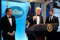 (From left) Acting US Attorney General Todd Blanche, President Donald Trump and Secretary of the US Department of Homeland Security Markwayne Mullin at a news conference at the White House on Apr 25.