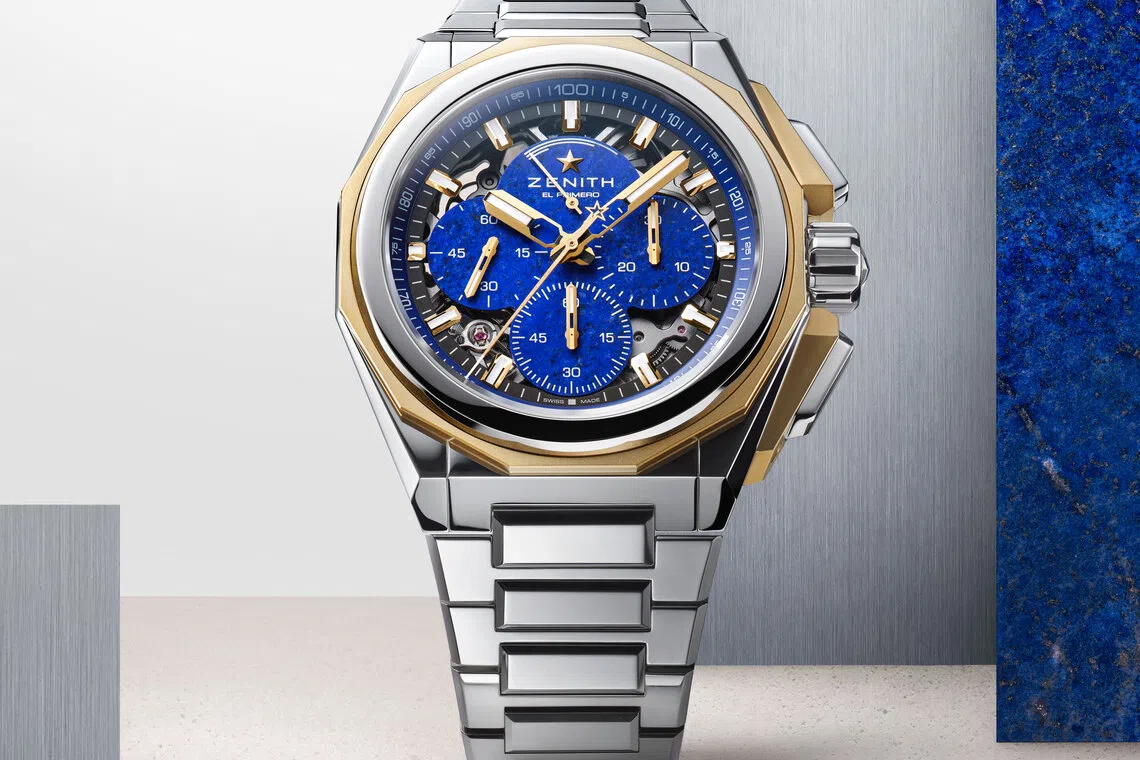 The Zenith Defy Extreme Lapis Lazuli features a 45 mm case in a combination of micro-blasted yellow gold and polished stainless steel.