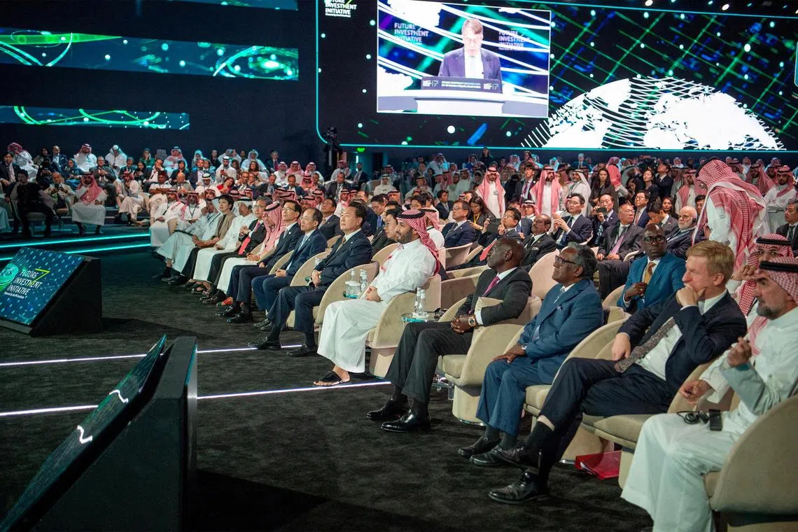 The opening session of Saudi Arabia's Future Investment Initiative conference in Riyadh, Oct 24, 2023. Banking titans warned that the war between Israel and Hamas could deal a heavy blow to the global economy. 