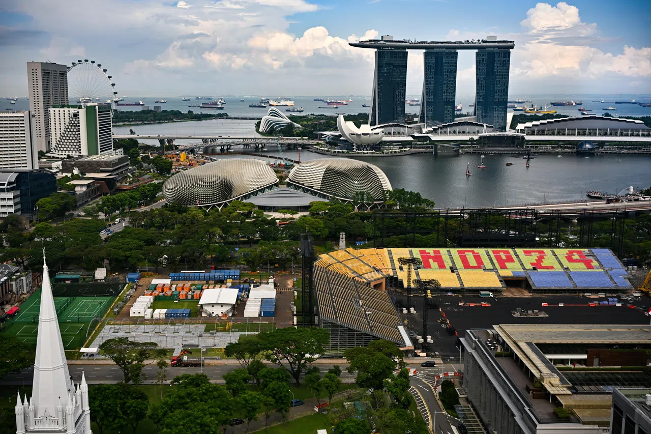 Generic photograph of Singapore Flyer, Esplanade, Marina Bay Sands, ArtScience Museum, Padang with seats in preparation for National Day Parade, on May 10, 2024.