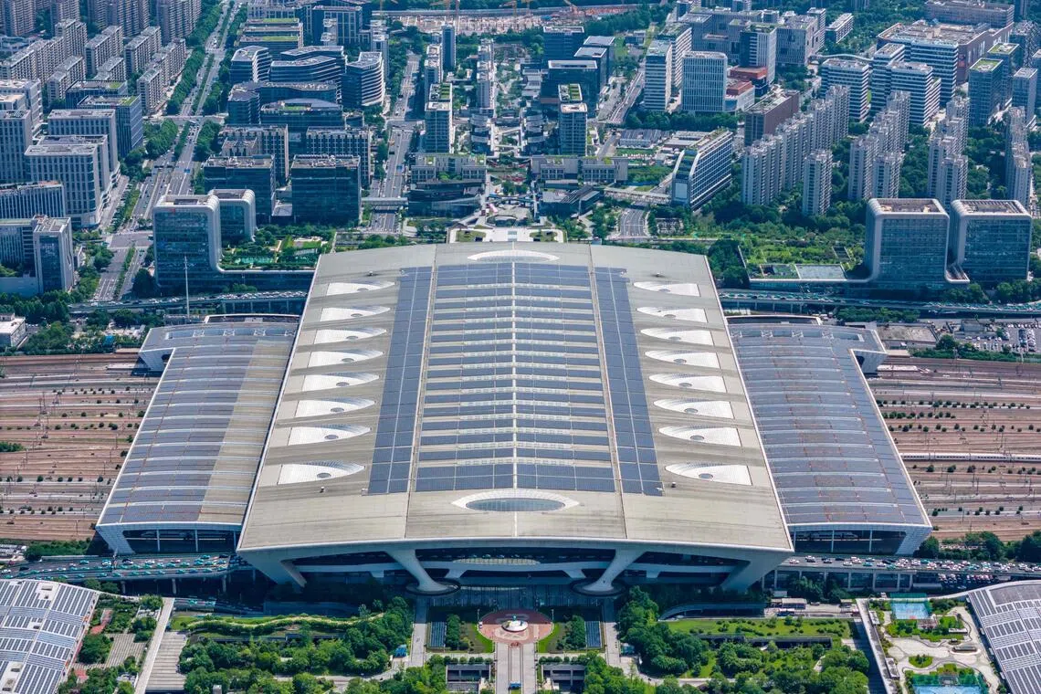 Solar panels on the roof of a railway station in Hangzhou, Zhejiang province. By the end of last year, China had installed 887 gigawatts of solar-power capacity – close to double Europe’s and America’s combined total.