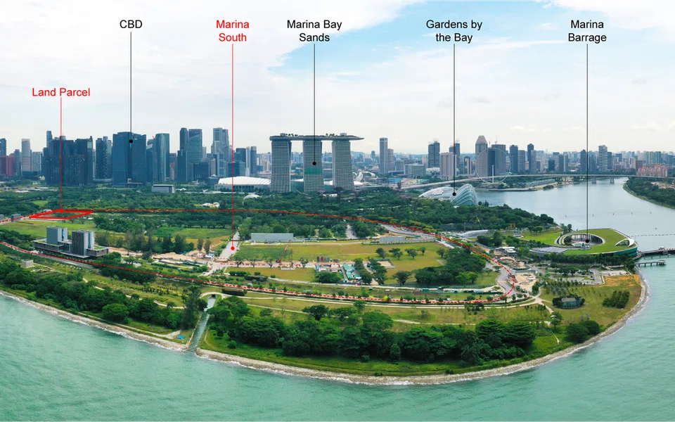 The Marina Gardens Lane site is etched in red in this aerial view of Marina South. 