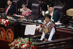Indonesian President Joko Widodo, wearing traditional attire from Tanimbar archipelago of Maluku province, delivering his State of the Nation Address in Jakarta on Aug 16, 2023.