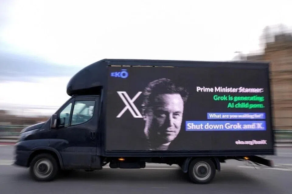 A transit ad in London on Jan 14, organised by corporate accountability group Eko, urging the authorities to stand up to billionaire Elon Musk and ban social media platform X and chatbot Grok.
