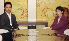 LDP president Sanae Takaichi (right) proposed entering a coalition government with the opposition JIP, during talks with co-leader Hirofumi Yoshimura in Tokyo on Oct 15.
