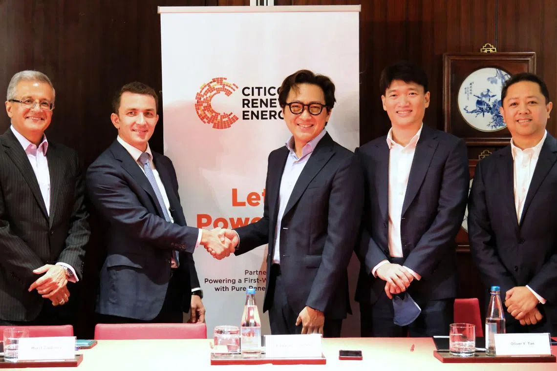 (From left) Sandeep Uppal, Philippines CEO, HSBC; Marat Zapparov, CEO of Pentagreen Capital; and Citicore Renewables' chairman Edgar Saavedra, CEO Oliver Tan, and director Manuel Louie Ferrer, at the signing ceremony. The deal carries a greenshoe option to raise the committed amount to US$100 million to fund additional greenfield solar projects and the expansion of Citicore’s portfolio.
