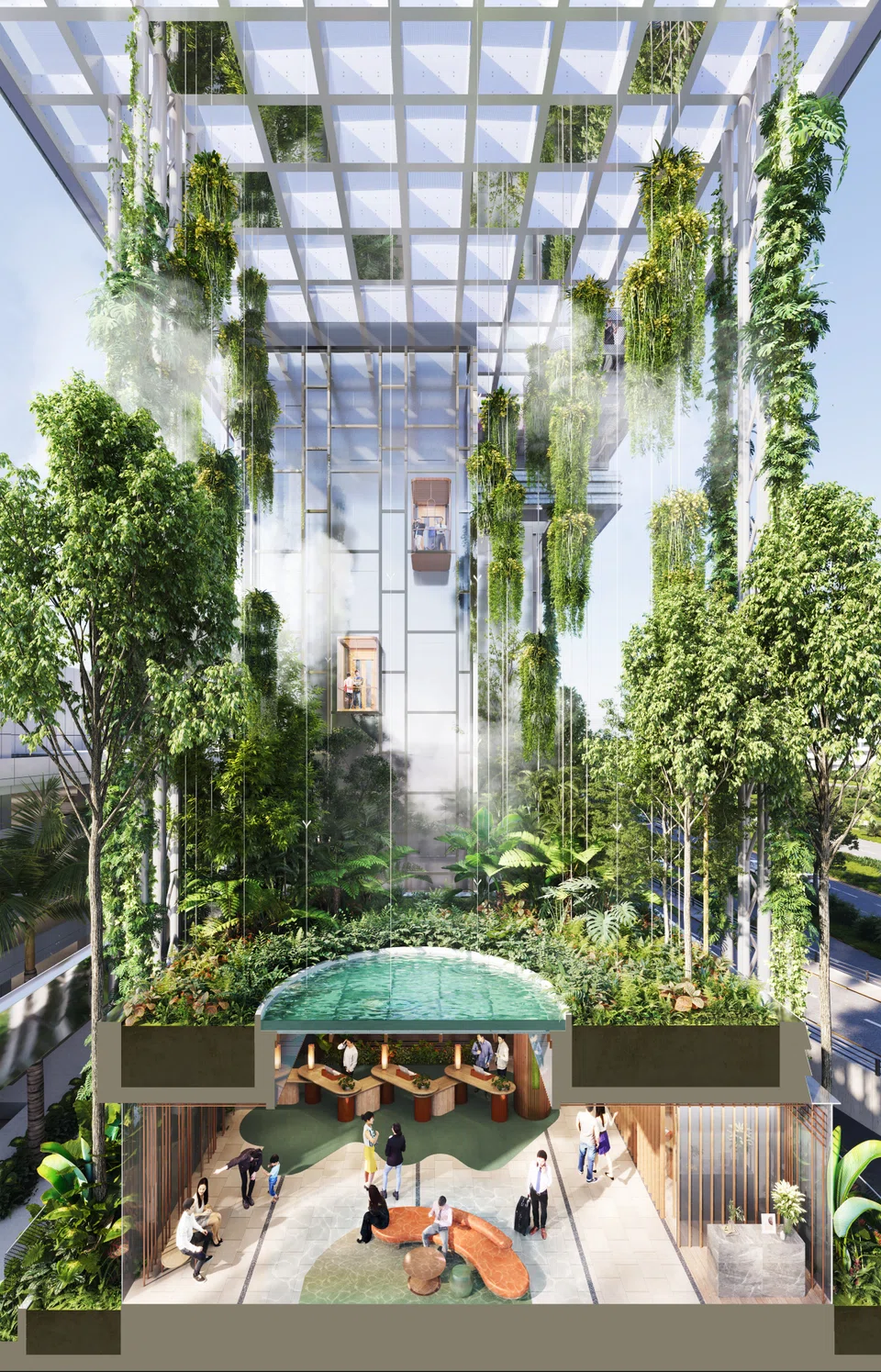 An indoor rainforest in the hotel will blend urban architecture with seven storeys of lush greenery.