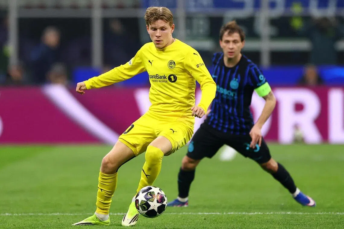 Bodo/Glimt's Jens Petter Hauge (left) playing against Inter Milan in the second leg of the Champions League playoffs at Milan's San Siro stadium on Feb 24. 