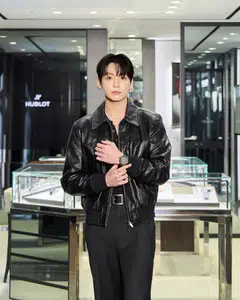 Jung Kook from BTS, Hublot's new global brand ambassador, wearing a Big Bang Original Unico Black Magic in Seoul.