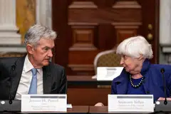 US Federal Reserve chairman Jerome Powell (left) with Treasury Secretary Janet Yellen at a meeting in Washington, DC in May. Powell is due to give a press conference on Thursday (Singapore time) after the Fed's next policy meeting.