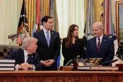 (From left) US President Donald Trump, US Secretary of State Marco Rubio, Lebanon Ambassador to the US Nada Hamadeh Moawad and US Ambassador to Lebanon Michel Issa in the Oval Office at the White House on Apr 23.