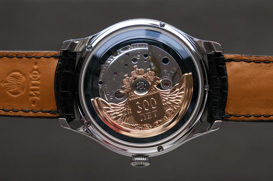 A watch was displayed at the Raketa Watch Factory in Peterhof, part of Saint Petersburg, Russia.  