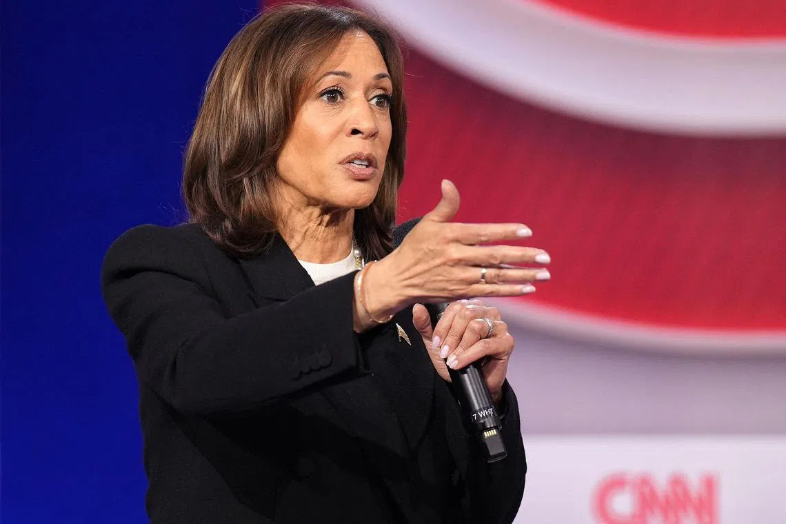 Democratic presidential candidate, US vice president Kamala Harris at a CNN Presidential Town Hall at Sun Center Studios on Oct 23, 2024 in Aston, Pennsylvania.