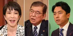 Polls indicate a toss-up between  hawkish Sanae Takaichi (left), a rare prominent woman in Japanese politics. former defence minister Shigeru Ishiba (centre) and 43-year-old Shinjiro Koizumi (right), whose father was prime minister in the 2000s.