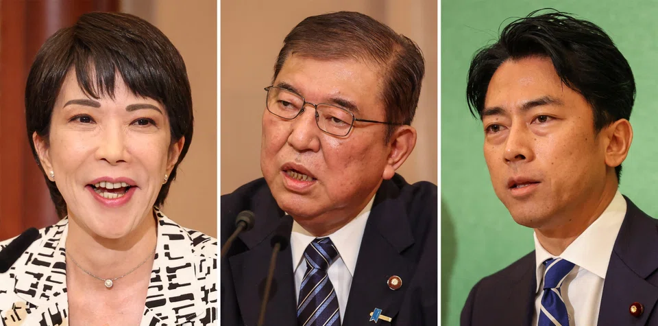 Polls indicate a toss-up between  hawkish Sanae Takaichi (left), a rare prominent woman in Japanese politics. former defence minister Shigeru Ishiba (centre) and 43-year-old Shinjiro Koizumi (right), whose father was prime minister in the 2000s.