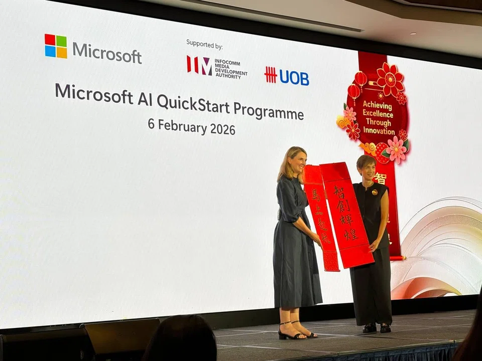 Rachel Bondi, corporate vice-president for SMEs and channel at Microsoft Asia (left) and Minister for Digital Development and Information Josephine Teo launching the AI QuickStart programme on Feb 6.