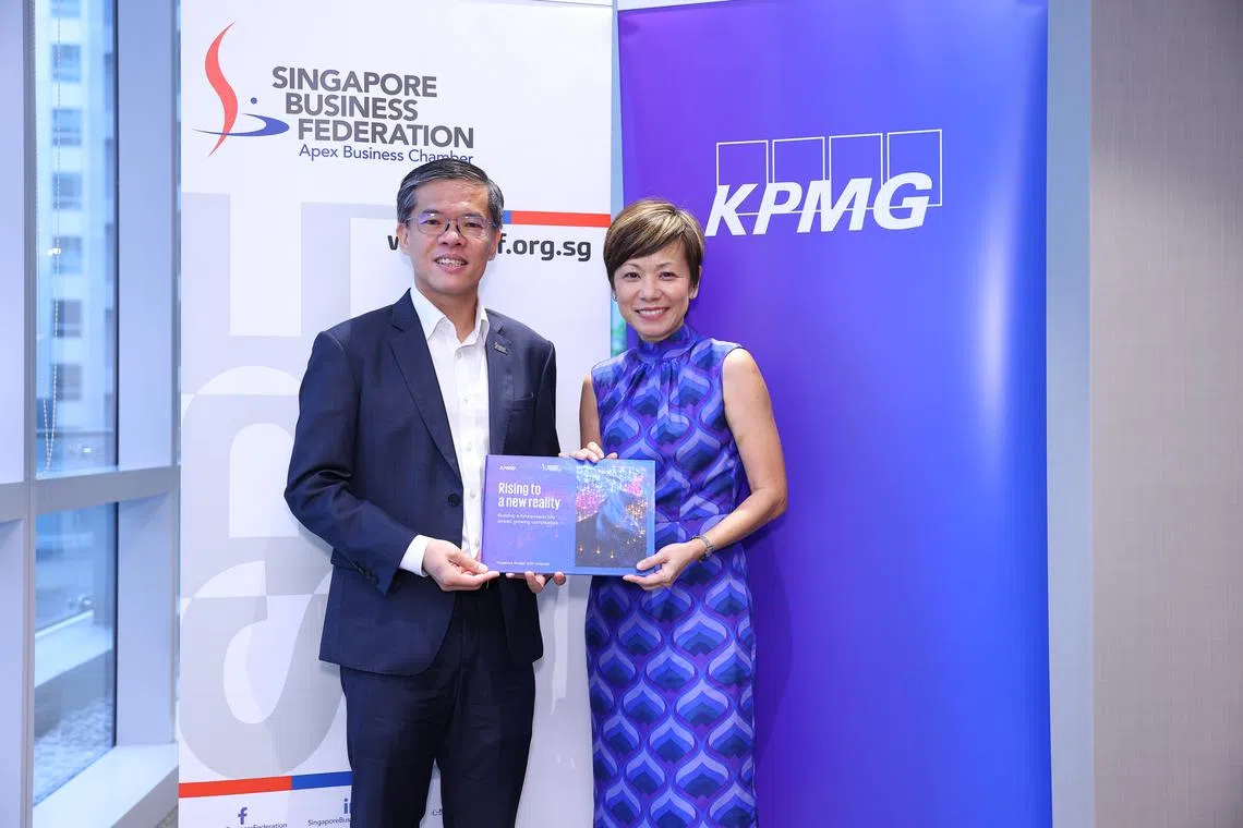 SBF chief executive officer Kok Ping Soon (left), and Lee Sze Yeng, managing partner of KPMG in Singapore, at the release of the joint Budget 2024 wish list on Jan 8.