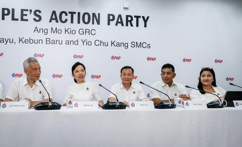 The PAP slate for Ang Mo Kio GRC (from left): SM Lee, Jasmin Lau, Victor Lye, Darryl David and Nadia Ahmad Samdin.