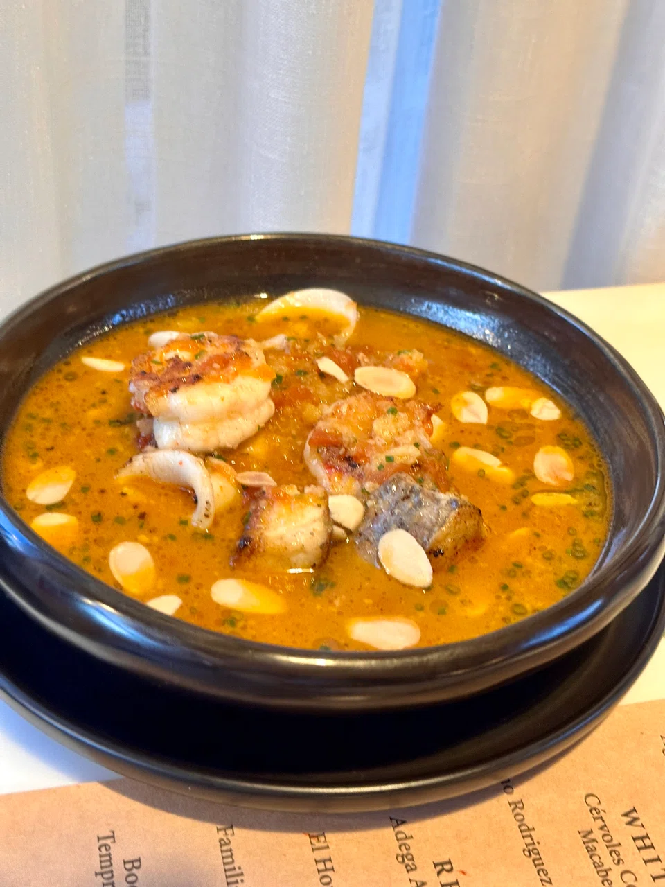The Catalan fish stew is a hearty broth filled with fish, squid and prawns.