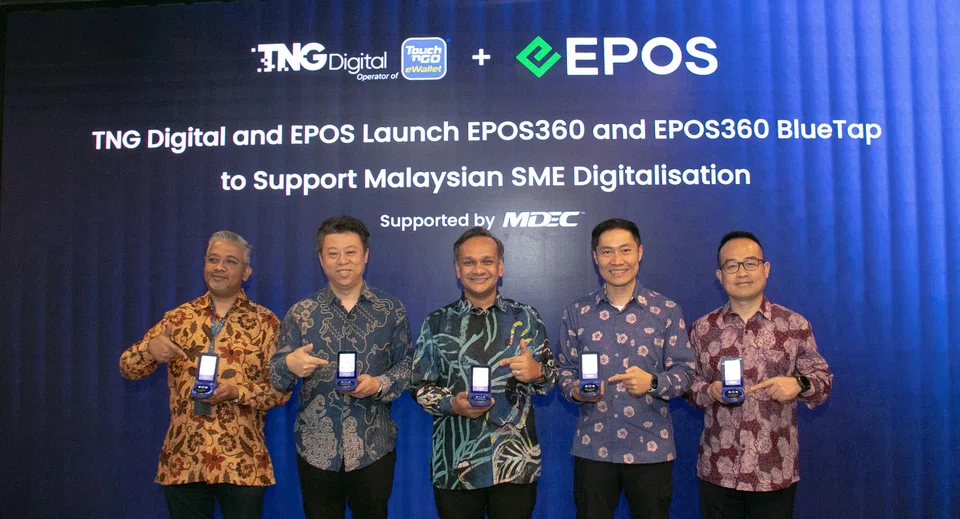 Leaders from TNG Digital, MDEC, and Ant International at the launch of EPOS360 and EPOS360 BlueTap supporting Malaysian SMEs.

