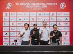 From left: BYD Singapore managing director James Ng, event director Shalindran Sathiyanesan, adidas Singapore managing director Chen Rui Yuan, and Sport Singapore deputy chief of industry development group Dean Tan at the National Stadium on Mar 17.