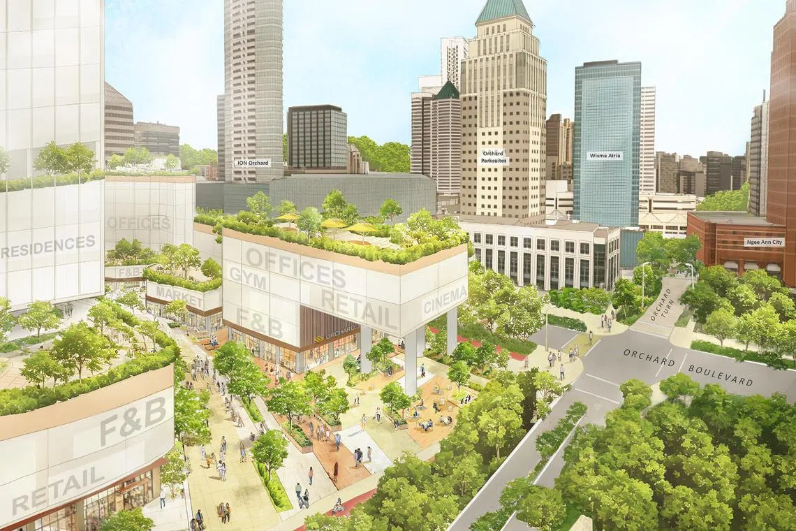 An artist's impression of a new community space and amenity hub for the Paterson neighbourhood on top of the Orchard MRT interchange station.