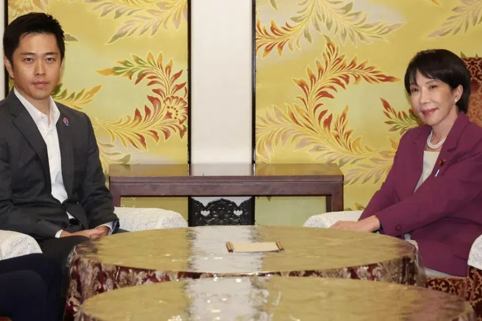 LDP president Sanae Takaichi (right) proposed entering a coalition government with the opposition JIP, during talks with co-leader Hirofumi Yoshimura in Tokyo on Oct 15.
