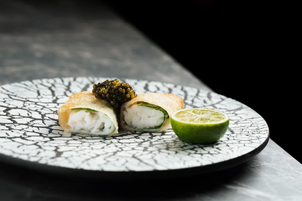 Deep-fried spring roll of shiro ebi.