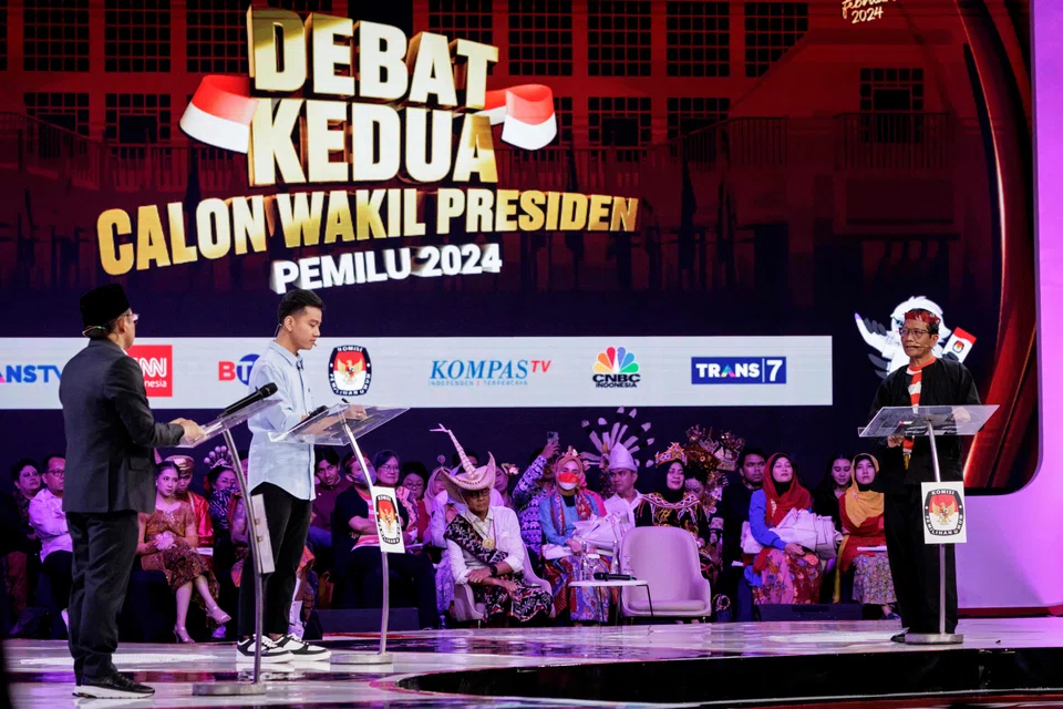 From left: Indonesia's three vice-presidential candidates Muhaimin Iskandar, Gibran Rakabuming Raka and Mahfud MD at a debate in Jakarta on Jan 21, 2024.