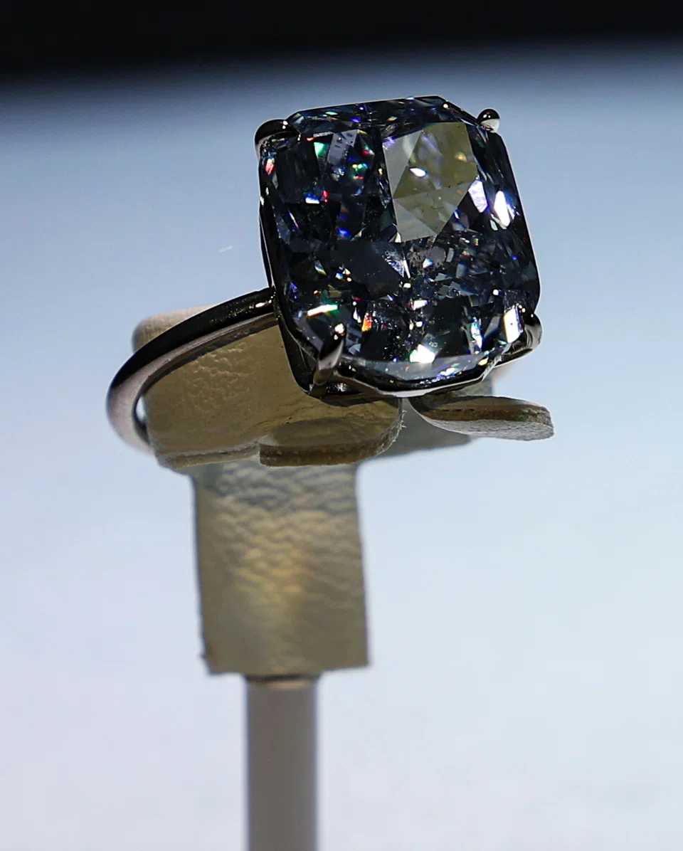 The 10.03 carat Mediterranean Blue Diamond on display during new Sotheby's exhibition "Beyond: The World’s Rarest Diamonds" exhibition in Abu Dhabi. 