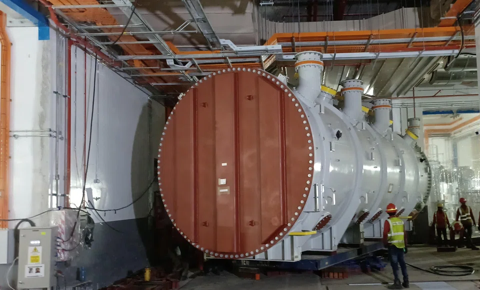 A 230-kilovolt transformer being moved to its location at the underground substation. Photo taken in July 2023.