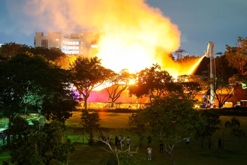 The fire, which involved building materials and office equipment, engulfed three workshop units.