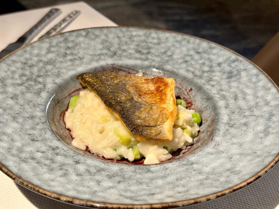 Pan-fried sea bass on vegetable risotto.