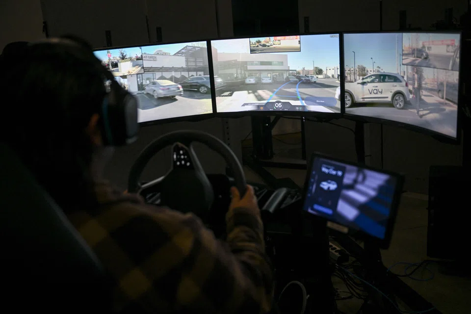 A remote driver steers a Kia electric vehicle from Vay during a live demonstration of remote driving on city streets, seen from the company's control centre prior to the Consumer Electronics Show in Las Vegas, Nevada, Jan 6, 2025. 