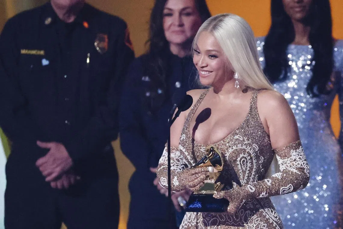 Beyonce receives Album of the Year award for "Cowboy Carter" during the 67th Annual Grammy Awards in Los Angeles, California.