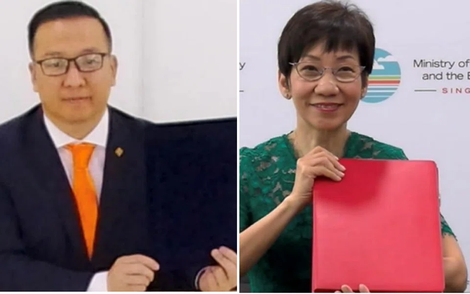 Minister for Sustainability and the Environment Grace Fu (right) and Mongolia’s Minister for Environment and Tourism Bat-Erdene Bat-Ulzii (left) signing the Memorandum of Understanding between Singapore and Mongolia to enhance cooperation in carbon credits.